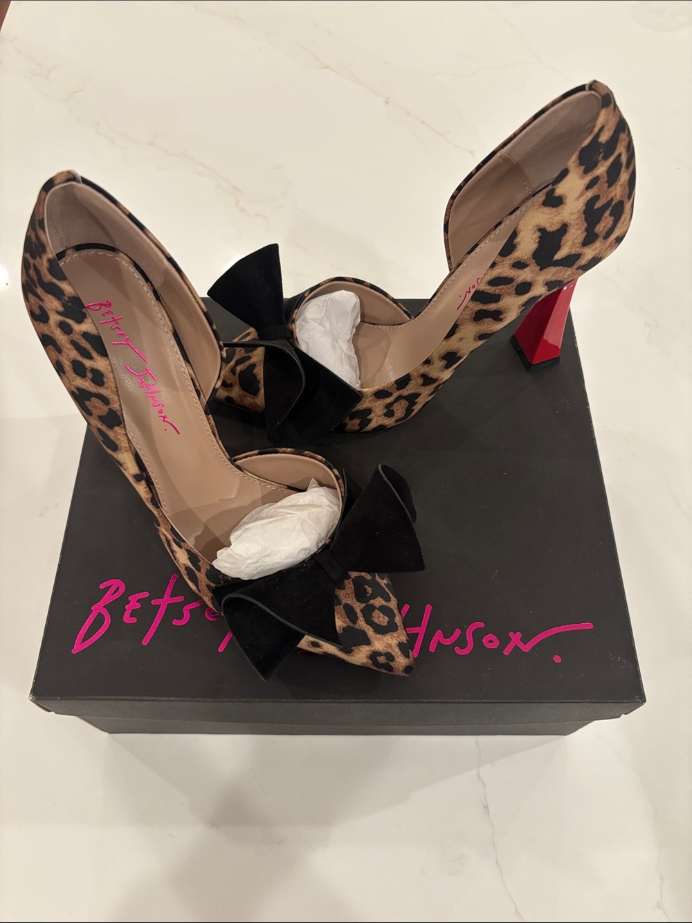 Betsey Johnson Leopard Print Pumps with Black Bow and Red Block Heel